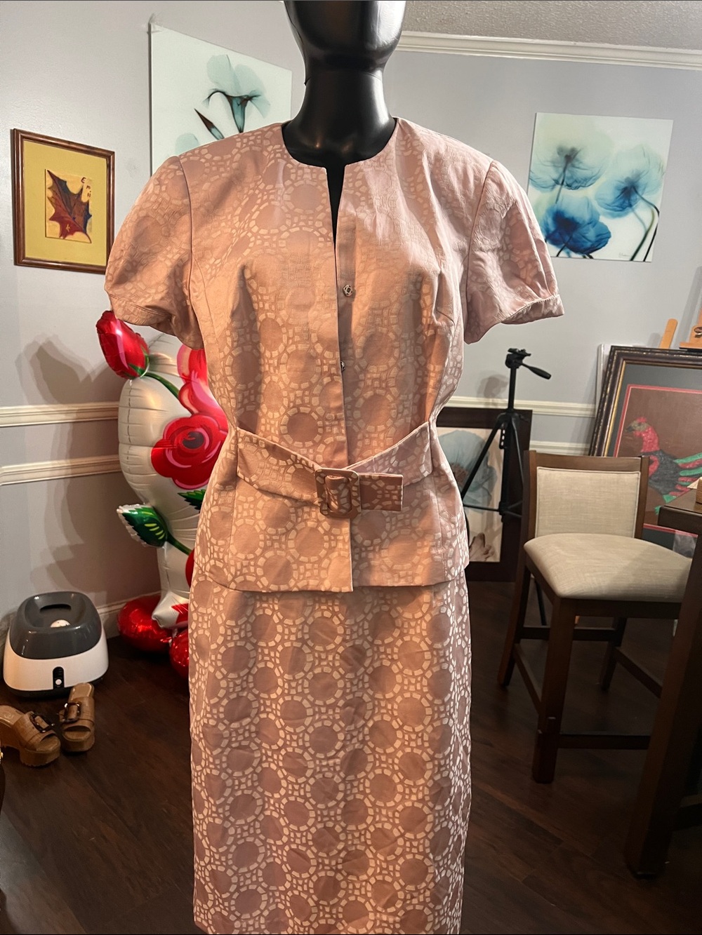 Tailored Pink Patterned Pencil Skirt with Matching Belted Jacket